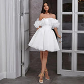 White Mini Short Wedding Dresses for Women Bride A Line Wedding Gowns Off the Shoulder Ruffle Belt Sleeveless Bridal Dress White 20W